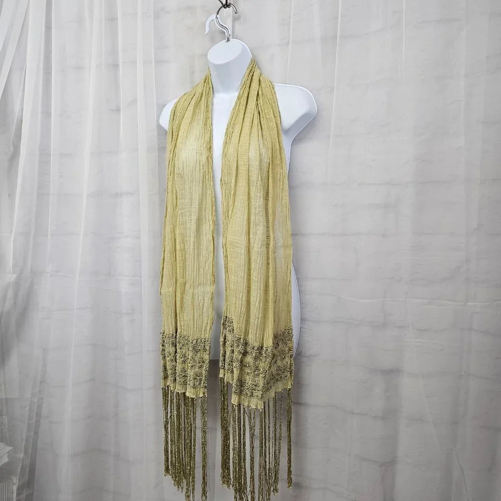 Green Boho Sheer Beaded Embroidered Shimmery Fringed Scarf - Picture 7 of 12